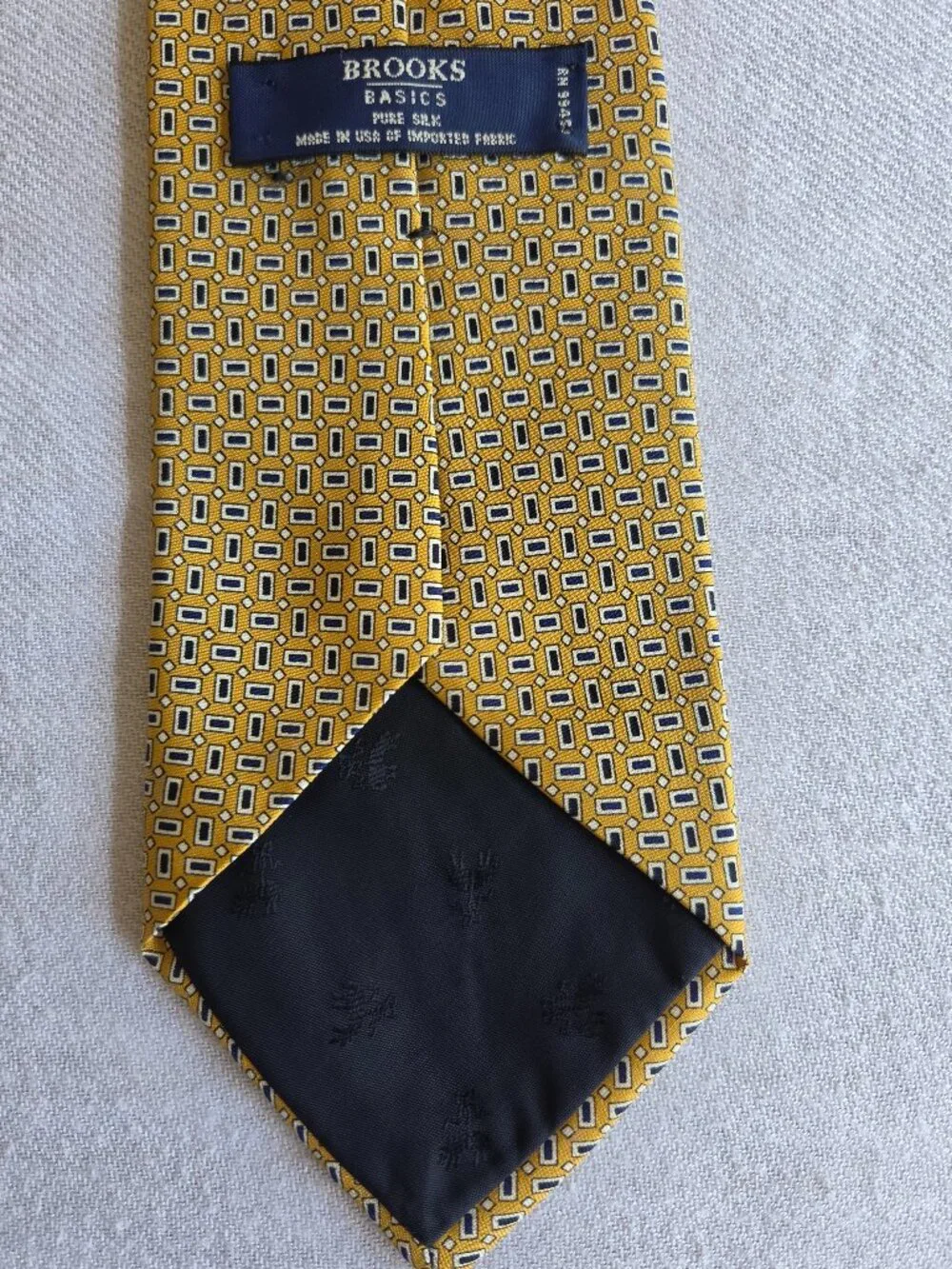 Brooks Basics Pure Silk Mustard Gold Blue Geometric Tie Made in USA